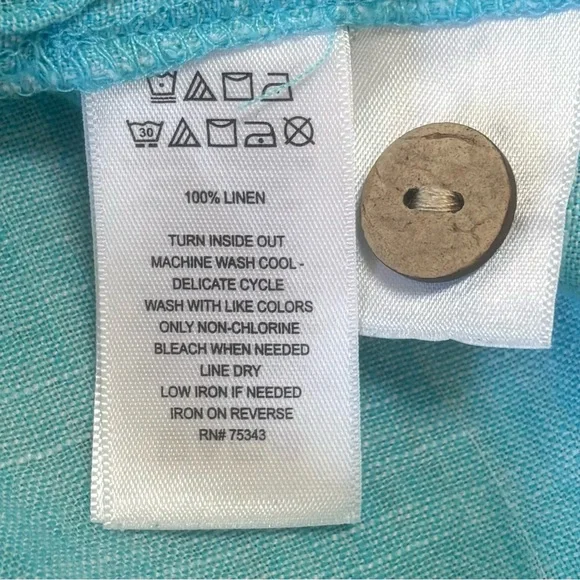 Cynthia Rowley 100% Linen Aqua Blue Short Sleeve Top Button Hem Size L - Picture 7 of 9
